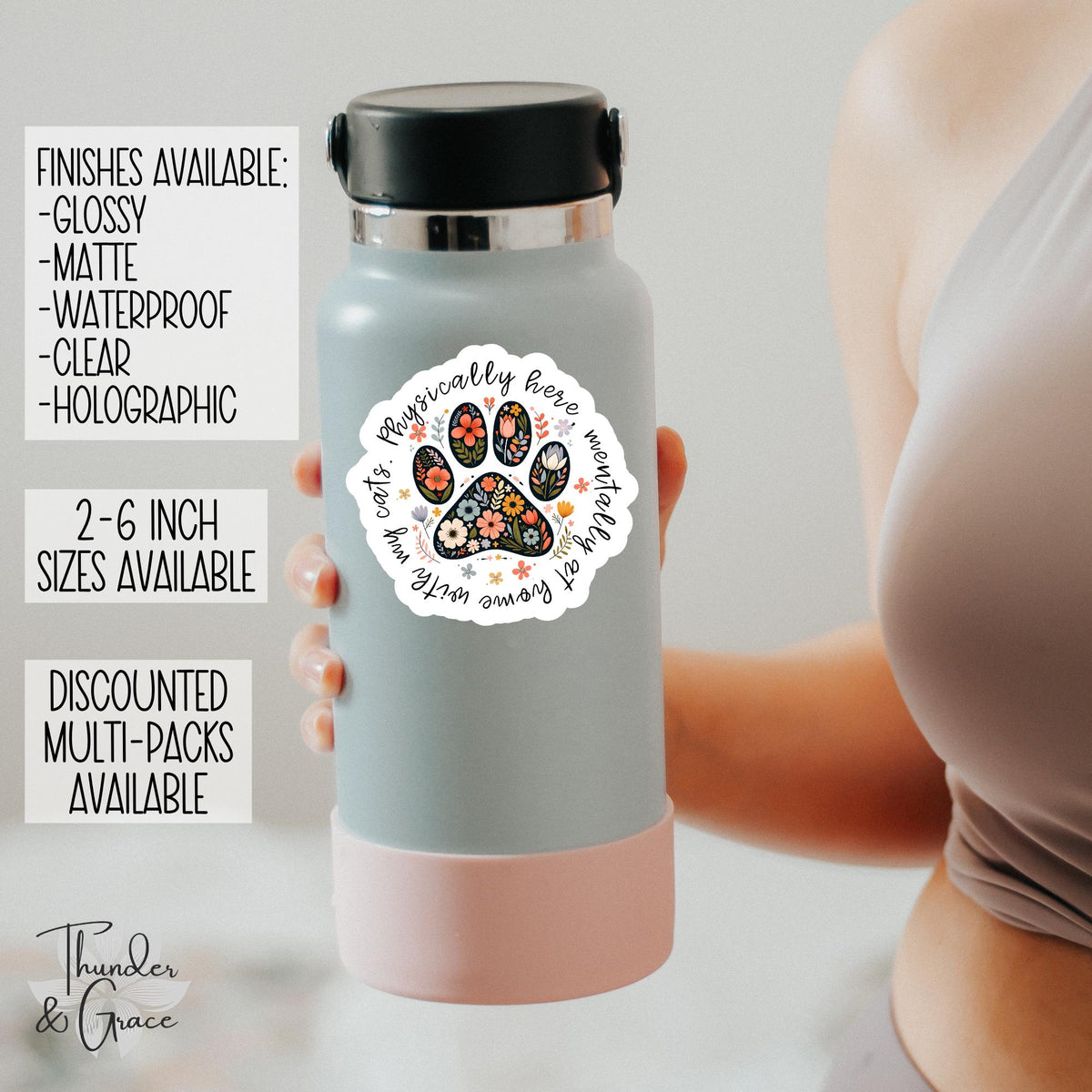 Physically Here Mentally at Home with My Cats sticker, floral paw print cat meme – view 2