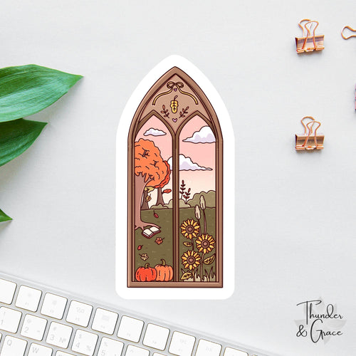 Fall Bookish window decal, books & coffee lover