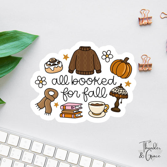 All Booked for Fall sticker, books & coffee lover