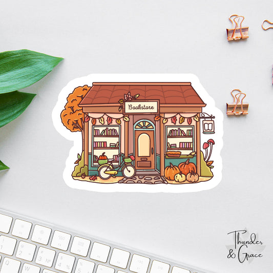 Fall Bookstore sticker, books & coffee lover
