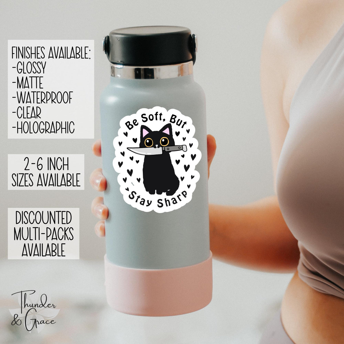 Be Soft But Stay Sharp sticker, black cat with knife – view 2