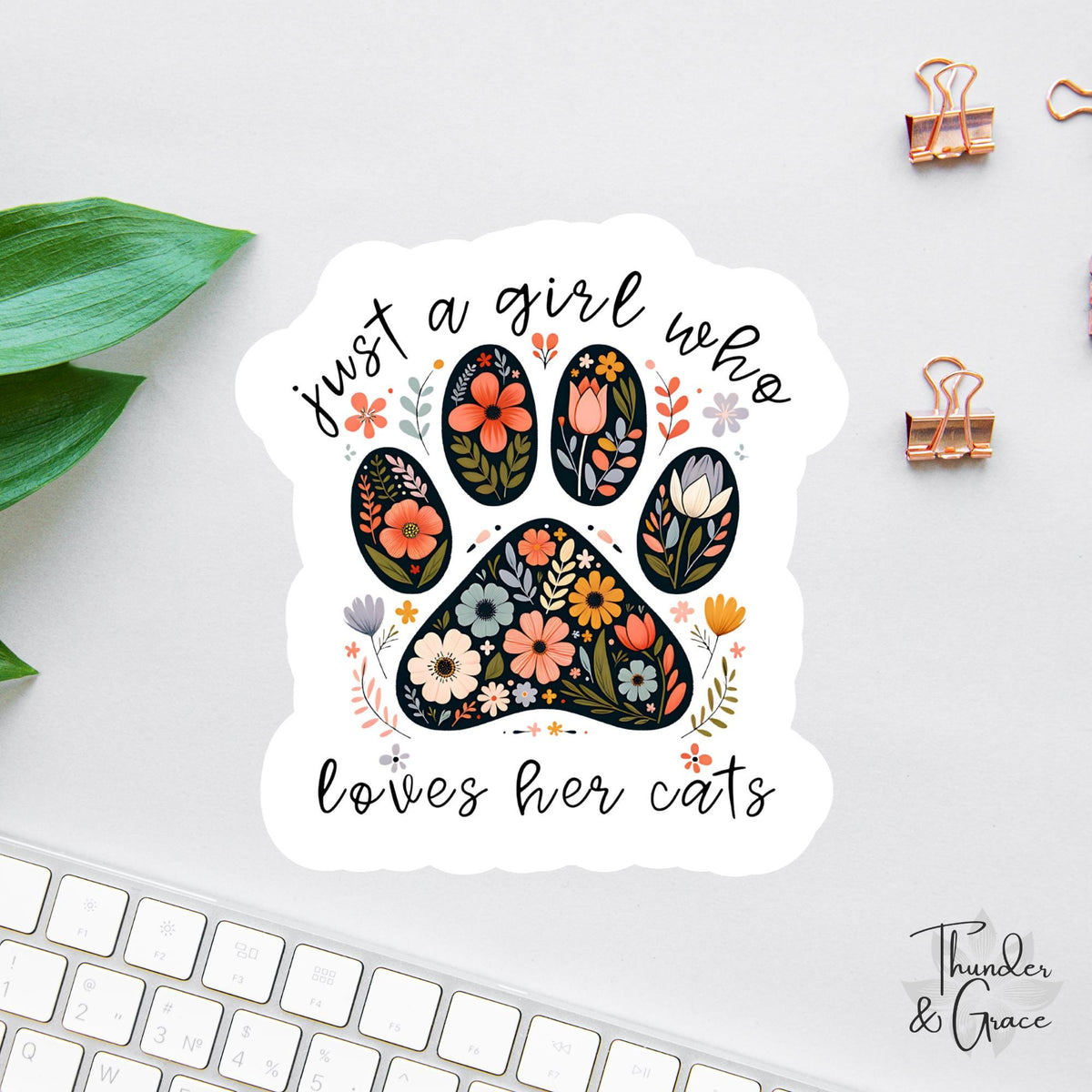 Just a Girl Who Loves Her Cats sticker, floral paw print cat meme