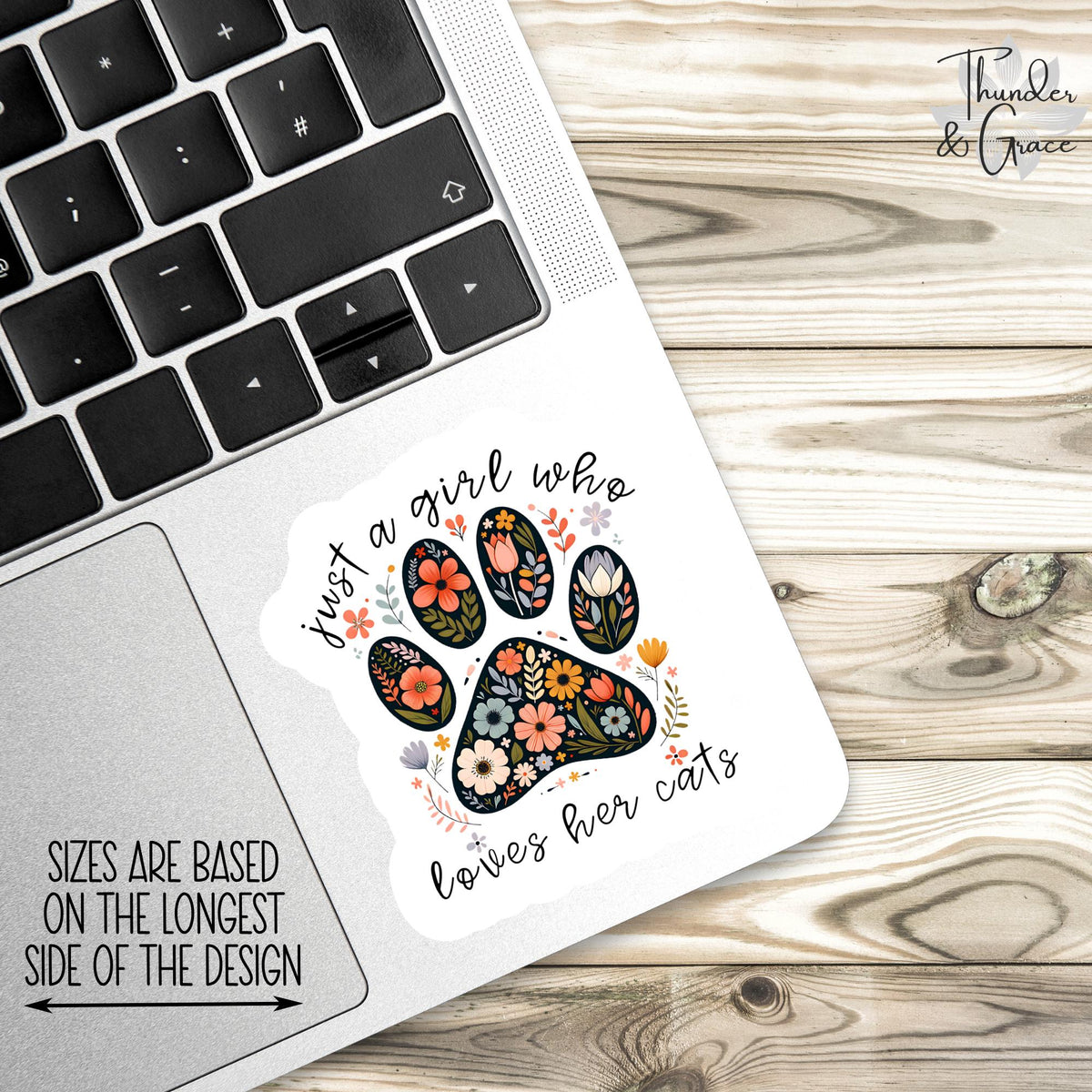 Just a Girl Who Loves Her Cats sticker, floral paw print cat meme – view 3