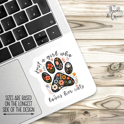 Just a Girl Who Loves Her Cats sticker, floral paw print cat meme – view 3