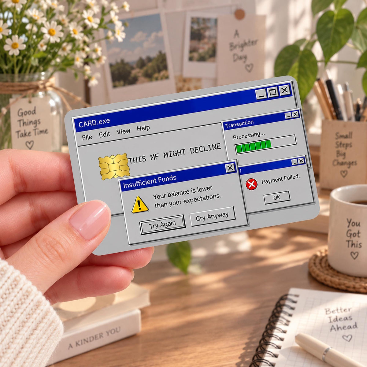 Declined insufficient funds funny card skin with retro computer window and payment failed pop-up