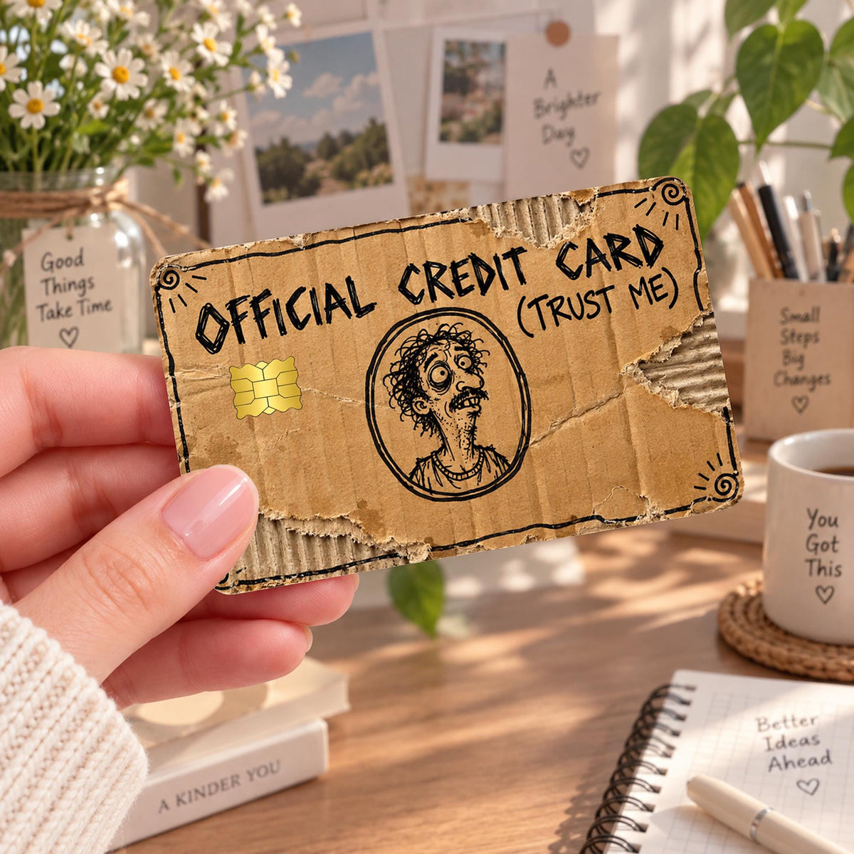 Official Credit Card Trust Me funny card skin with hand-drawn sketch design and gold chip