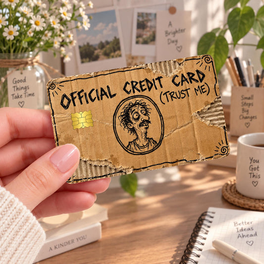 Official Credit Card Trust Me funny card skin with hand-drawn sketch design and gold chip