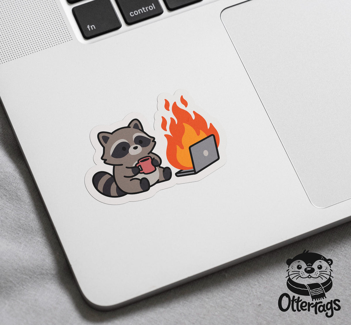 Raccoon on Fire sticker, office chaos humor – view 3