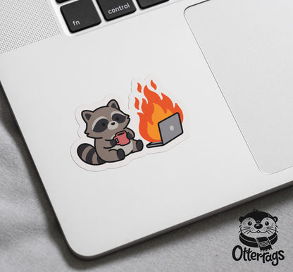 Raccoon on Fire sticker, office chaos humor – view 3