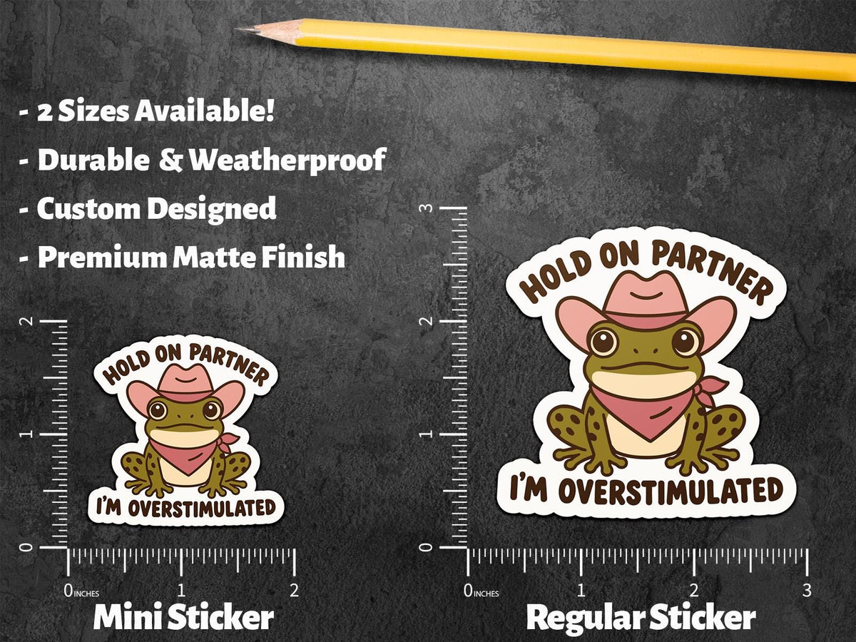 Hold on Partner I’m Overstimulated Frog sticker, funny cowboy frog – view 2