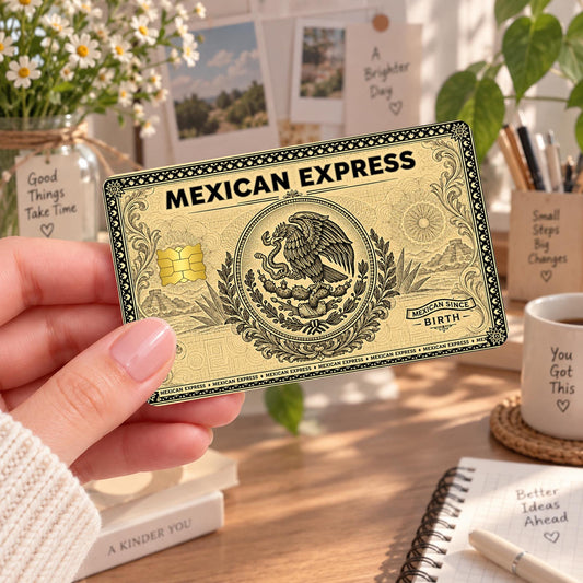 Mexican Since Birth gold card skin with eagle, cactus and vintage filigree