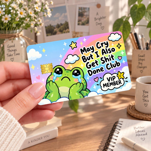 Crying frog funny card skin with rainbow, stars and VIP member text
