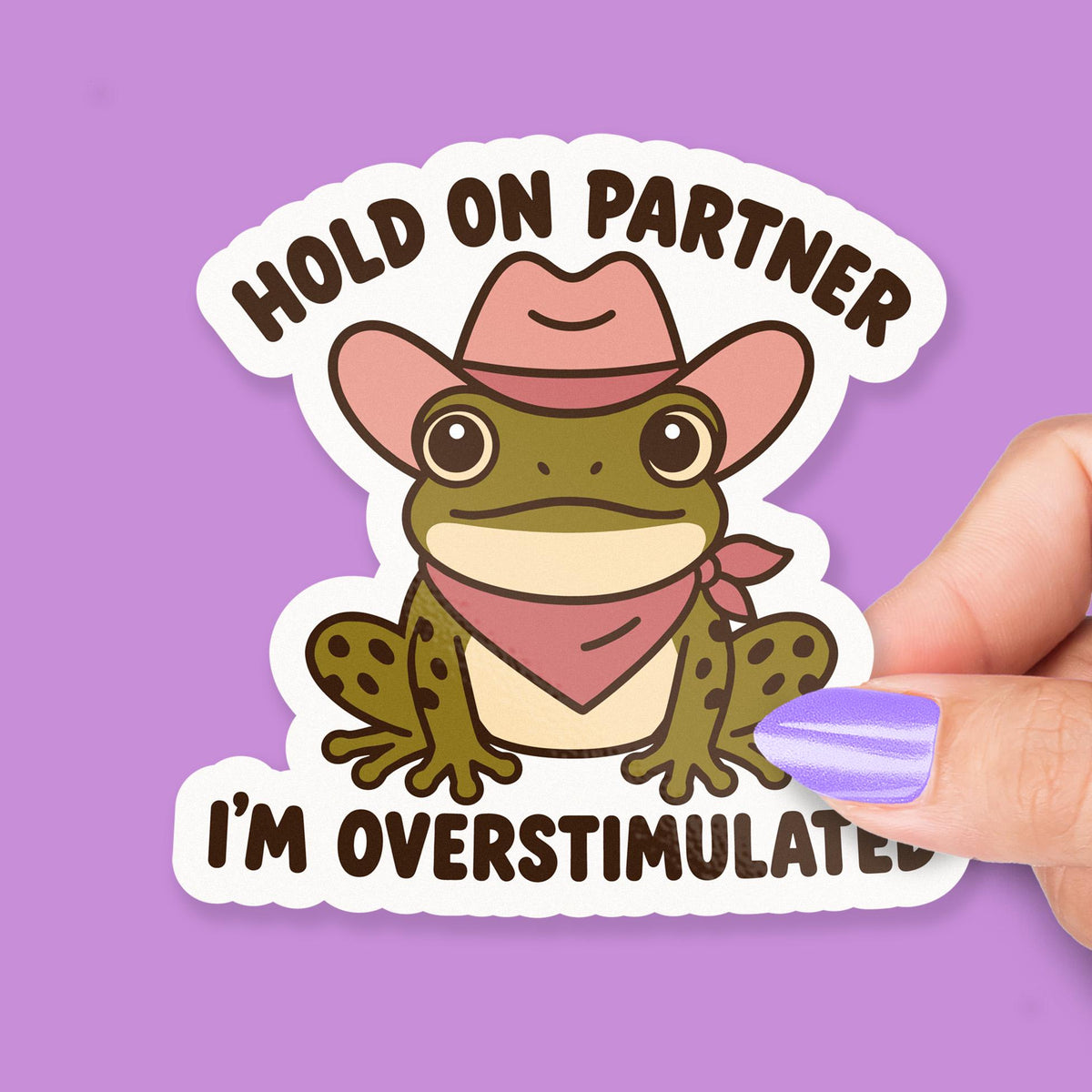 Hold on Partner I’m Overstimulated Frog sticker, funny cowboy frog