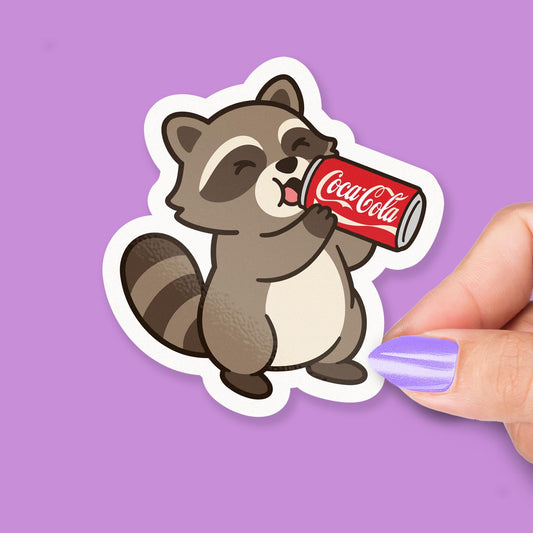 Raccoon Drinking Cola sticker, caffeine humor