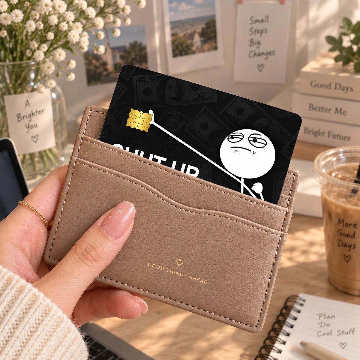 Shut Up and Take My Money funny card skin with stick figure and dollar bill background – view 2