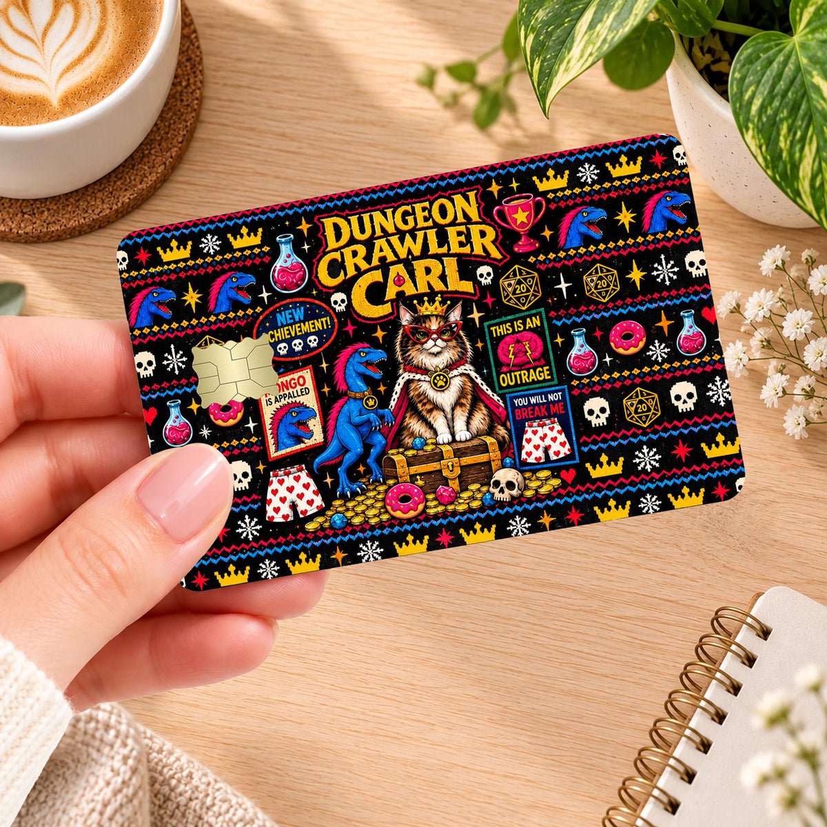 Dungeon Crawler Carl Ugly Christmas Card Skin – Donut & Mongo
